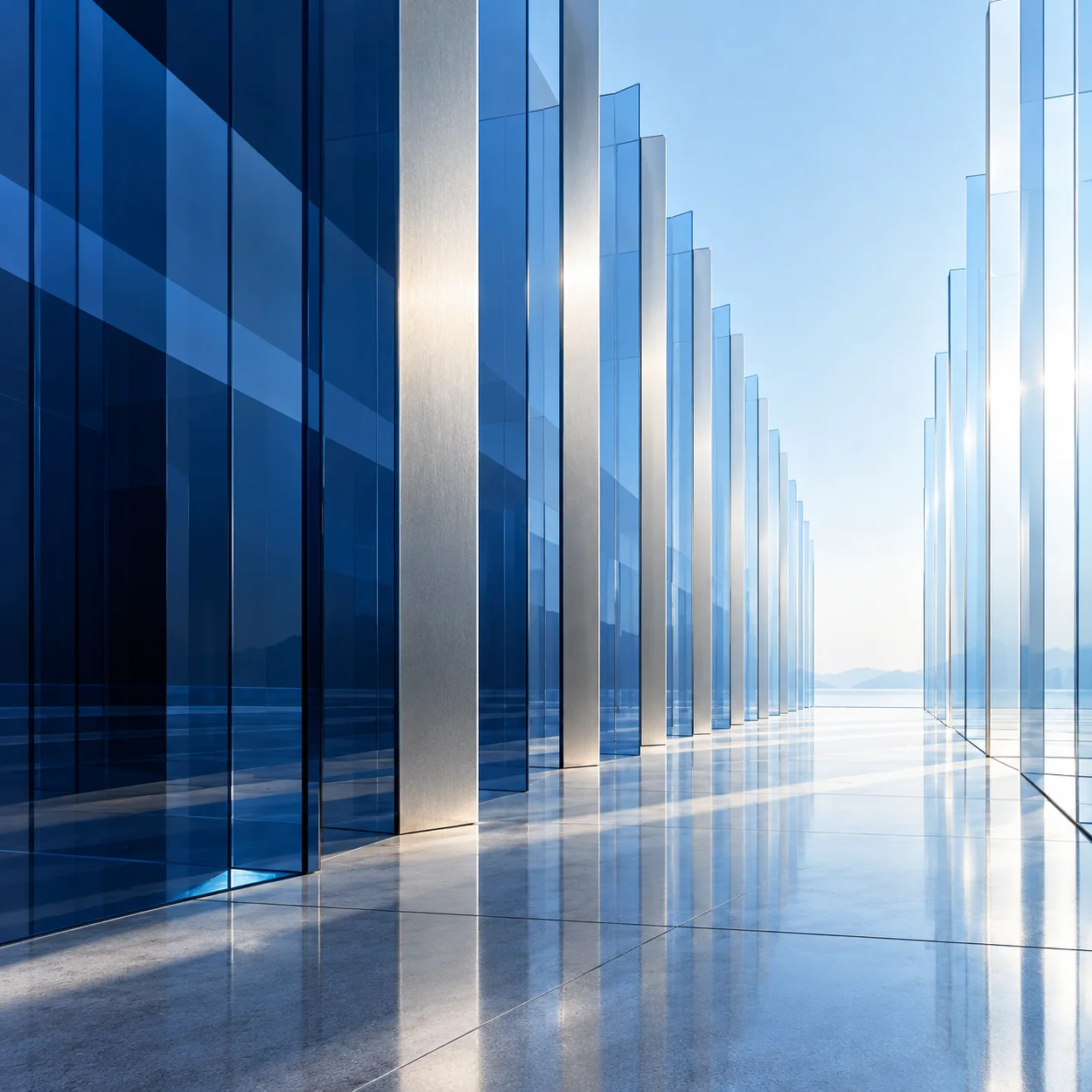 A clear path through blue glass architecture